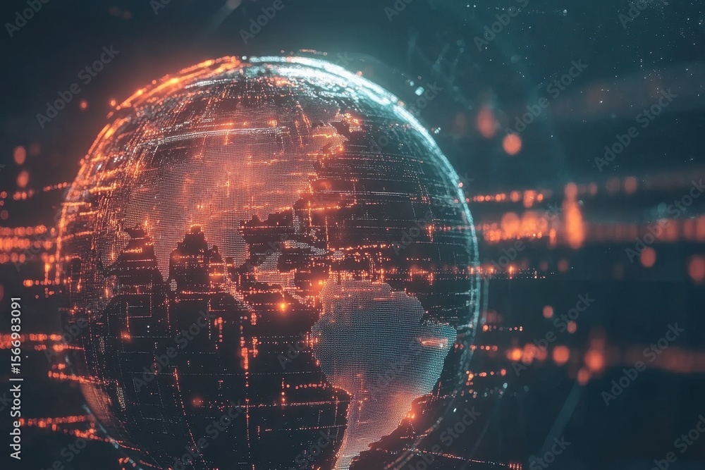 Poster Globe surrounded by digital connections symbolizing data processing in a global network, globe and data processing over network of connections