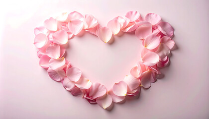 Heart shape made of pink petals on soft pale background, creating romantic and delicate atmosphere