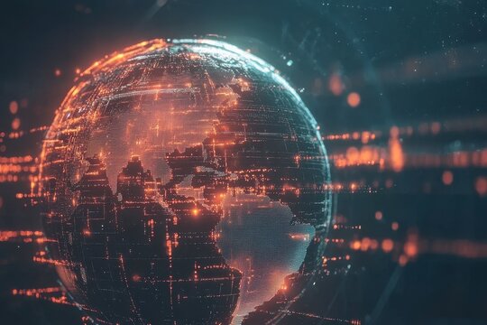 Globe surrounded by digital connections symbolizing data processing in a global network, globe and data processing over network of connections