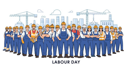 Diverse group of workers celebrating labor day with construction site background