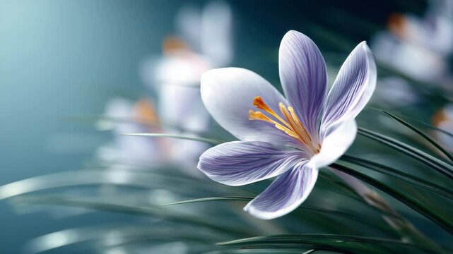 Delicate crocus flower with purple and white petals, vibrant yellow and orange stamen, spring bloom in soft natural light, closeup of petal and stamen, peaceful outdoor garden atmosphere