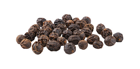 Fototapeta premium Whole black peppercorns on white background in closeup view scattered naturally in high detail