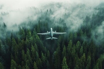 Plane soaring above lush rain forest under cloudy sky captures breathtaking aerial view, Camera Beneath Flying Air Plane Over Rain Forest Canada