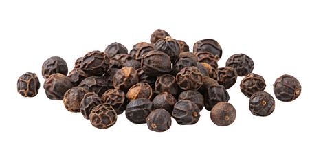 Obraz premium A pile of small black peppercorns on white surface background for culinary seasoning and flavor
