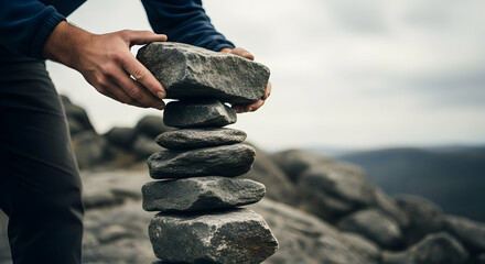 Person stacking stones outdoors