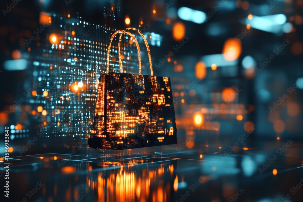 Poster digital transformation in retail illustrated by data processing over a shopping bag, data processing