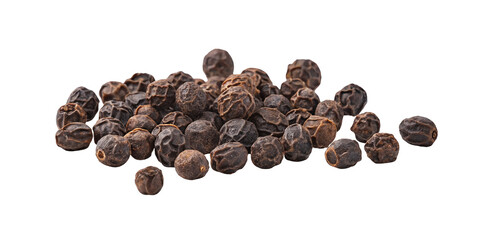Obraz premium Heap of black peppercorns isolated on a white background in a close-up view showing texture details