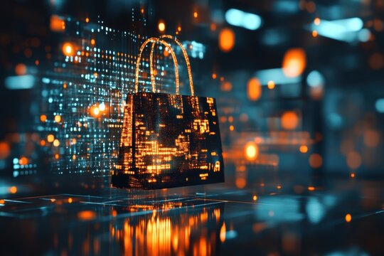 Digital transformation in retail illustrated by data processing over a shopping bag, data processing over shopping bag