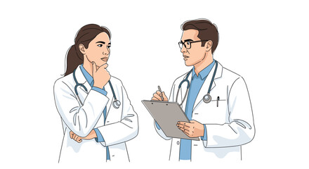 Two medical professionals in white coats discussing patient care and treatment plans on a clipboard