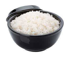 A black ceramic bowl filled with fluffy white rice isolated on a white background for food design