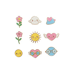 Colorful hand-drawn weather and nature doodles including flowers, sun, clouds, and birds