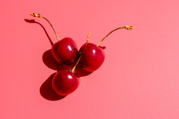Three glistening red cherries with long stems lie on a bright pink background, creating contrast and interesting shadows. This minimalistic composition is ideal for design, advertising, or as a backdr