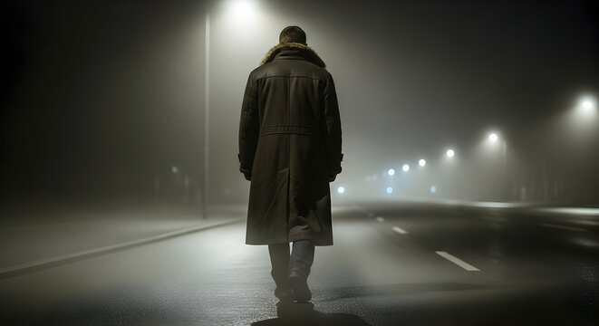 Person walking away on foggy night