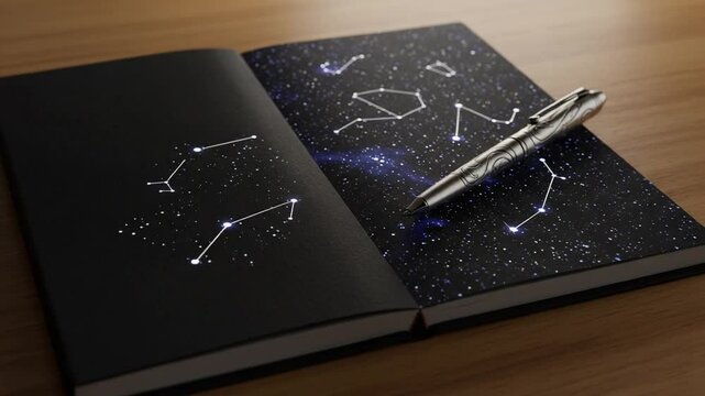 Open notebook with constellations and a pen on wood
