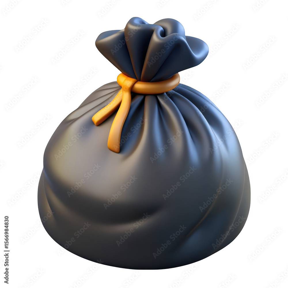 Poster stylized black garbage bag tied with orange drawstring isolated on transparent background