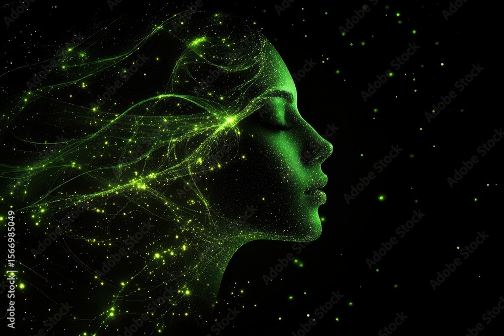 Poster glowing green particles create an ethereal effect on black background capturing a serene profile, gl