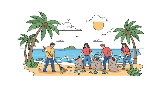 Community volunteers gather on a sunny beach to clean up litter and protect the ocean environment