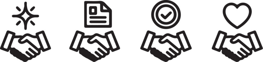 Handshake icons with symbols of success agreement and care document checkmark