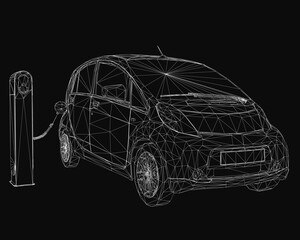 Naklejka premium An electric car charges at a station, rendered in a sleek wireframe style against a black background. The modern design highlights clean lines and futuristic technology.