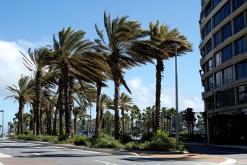 Obraz premium Palm trees sway vigorously in fierce winds along waterfront promenade during major storm event, Palm Trees Thrash Wildly In Strong Winds Of Major Hurricane Debbie