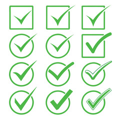 Various green check mark symbols are enclosed within squares and circles, showcasing approval with transparency