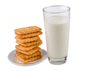 A tall glass of milk with a stack of five butter cookies on a small white plate in a simple setting