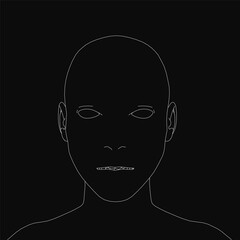 A black and white line drawing of a man's face stands out against a dark background, featuring sharp contours and minimalist details. The contrast highlights the subject's profile with artistic.