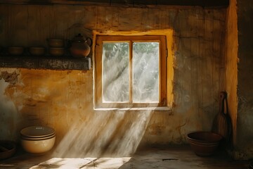 Traditional kitchen setup with sun rays high resolution picture