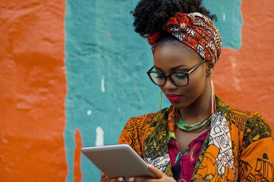 Woman in vibrant attire using tablet for financial data processing on city bus, financial data processing over african american businessman in office