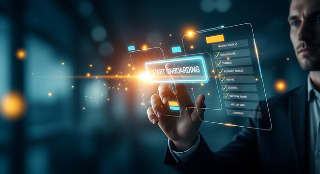 Employee onboarding process concept. A professional uses a virtual interface to start a digital checklist for new hire training and orientation.