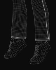 A 3D wireframe model of human legs wearing detailed shoes, showcasing anatomical structure and footwear design. The transparent mesh highlights the contours of both the limbs and the shoes.