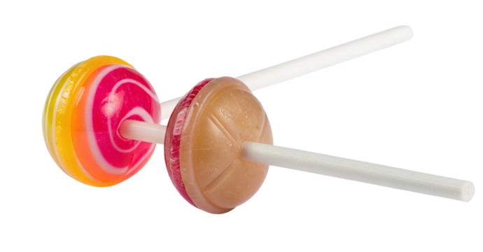 Colorful lollipops with different flavors and textures on white background for sweet temptation