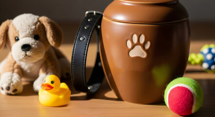 Pet cremation urn with a paw print next to a stuffed dog toy and other dog toys, for pet loss and animal memorial.