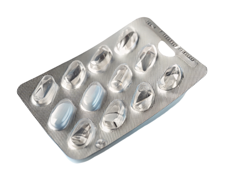 Empty blister pack lying on white background showing used dosage of pharmaceuticals tablets now