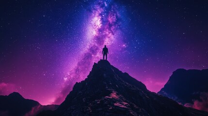 Fototapeta premium A person stands on a rocky peak under a vibrant starry sky. Explore the beauty of the cosmos in a breathtaking view.
