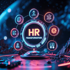 “HR TRANSFORMATION” on a tech dashboard with AI, bots, data icons around. Holographic UI, deep-space background, vibrant neon accents, symbolizing futuristic HR evolution.