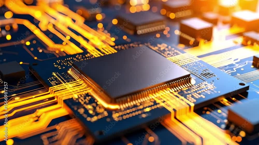 Poster illuminated circuit board with central processor in close-up view, technology concept