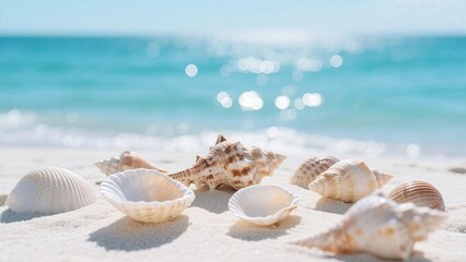 Summer Background with Seashells on a Tropical White Sand Beach