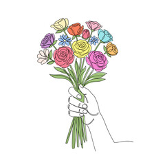 Hand holding a colorful bouquet of roses and wildflowers  