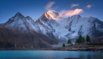 Beautiful Scenic Himalayas Covered in Snow, Rugged Icy Summits Under Clear Sky, Rocky Glacier Range and Winter Landscape Ideal for Ski Resorts, Outdoor Adventure, Freedom and Travel Concepts