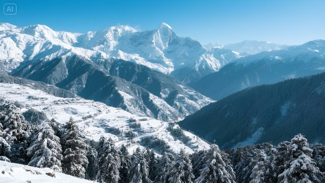 Beautiful Scenic Himalayas Covered in Snow, Majestic Mountain Range with Rocky Peaks, Glacier Trails and Cloudy Sky, Perfect Winter Travel Destination for Nature, Freedom and Adventure Seekers - Powered by Adobe