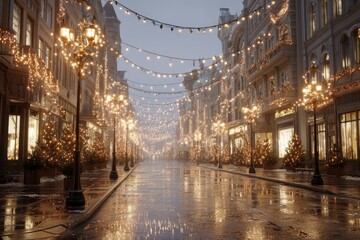A rain-slicked street, lined with historic buildings, adorned with Christmas lights and small trees, creating a festive and charming atmosphere