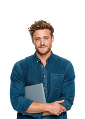 Professional man holding laptop portrait casual confident isolated on transparent background