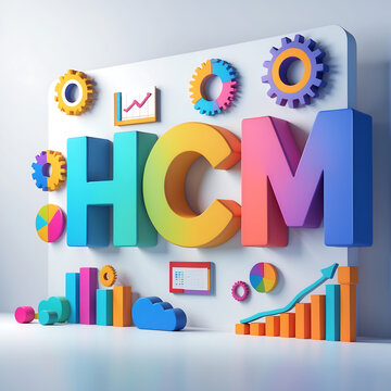 Flat infographic of &ldquo;HCM&rdquo; in bold colorful letters, each with unique hue. Surrounded by icons: user, gear, chart. Clean white background, minimal shadows, modern corporate feel.