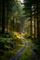 Obraz premium Serene forest path beckons, a winding trail through towering trees with sunlight filtering through the canopy creating a peaceful atmosphere.