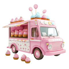 Colorful Cupcake Truck with Delicious Treats in a Cheerful Setting on transparent background