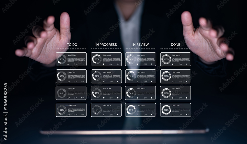 Poster task management tool dashboard showing kanban-style workflow with columns for to do, in progress, in