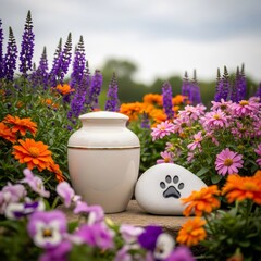 Pet urn and paw print memorial stone surrounded by colorful flowers, concept of pet loss, grief, and remembrance, for funeral or memorial service.