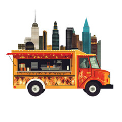 Obraz premium Colorful Food Truck with City Skyline in Background, Showcasing Street Food Culture and Urban Vibes on transparent background