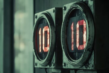 Countdown clock displaying ten seconds in a vintage, worn-out setting with a moody atmosphere, Countdown old movie from 10 to 0 number Old film movie timer count in grey retro style